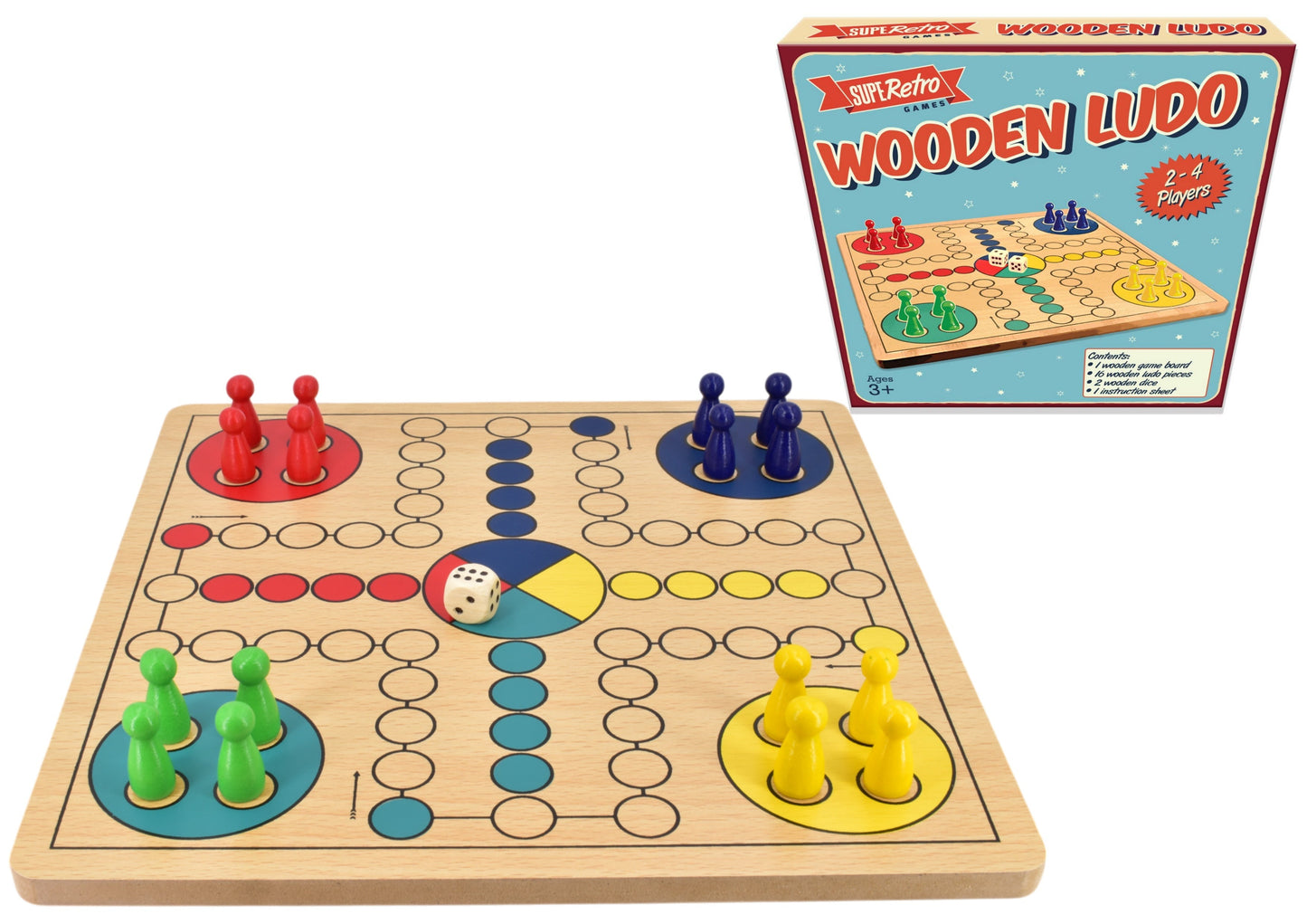 Retro Wooden Ludo Board Game - Classic Family Game in Colour Box