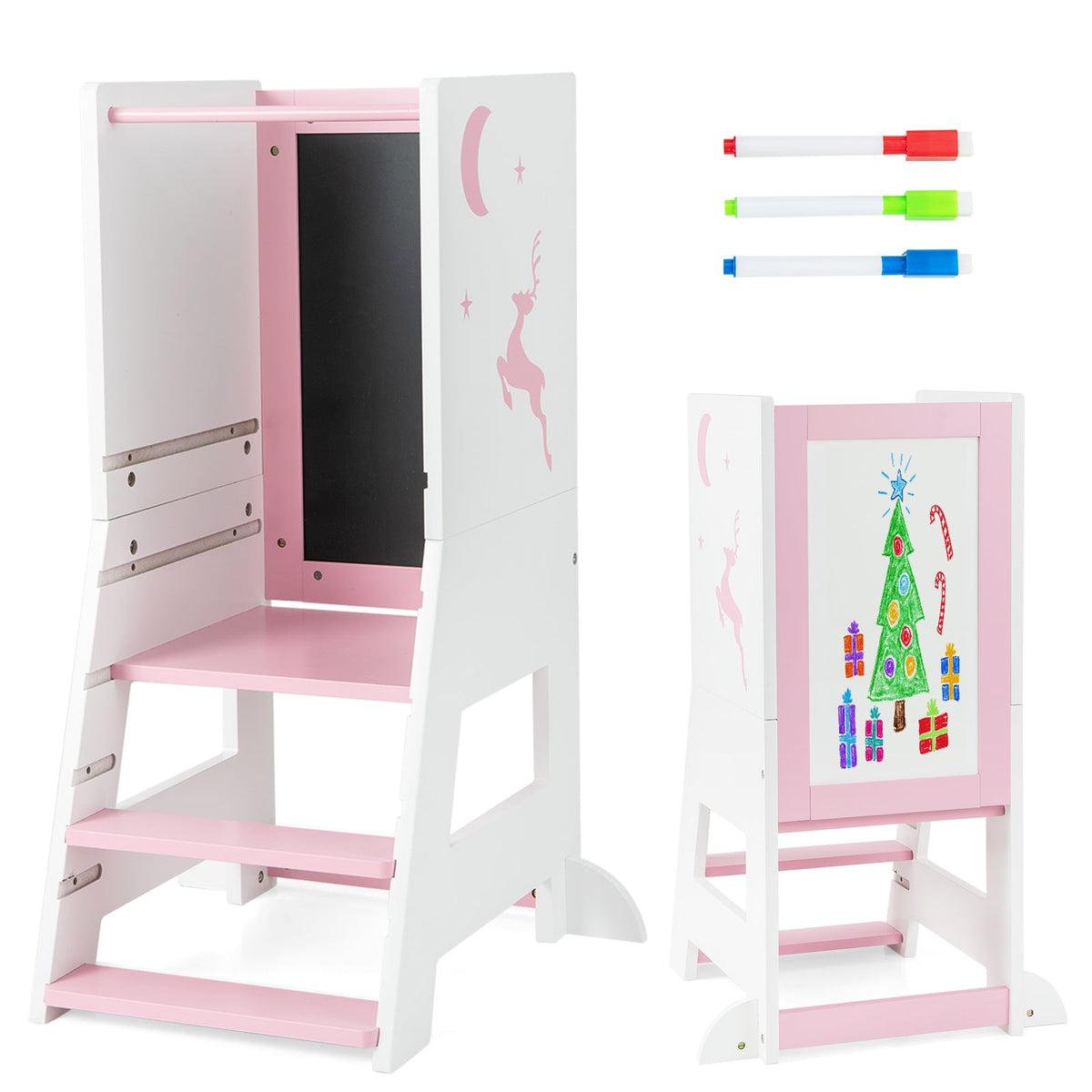 Toddler Kitchen Stool Helper with Chalkboard and Whiteboard-Grey