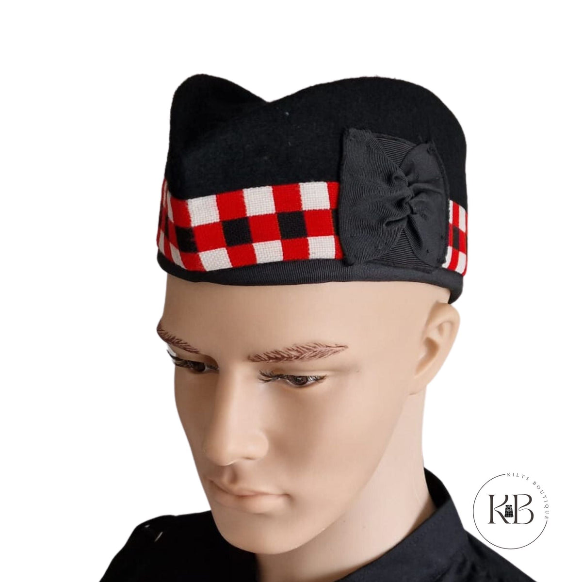 Black, Red, White Diced Scottish Highland Wear Acrylic Wool Traditional Tartan Glengarry Cap / Hat