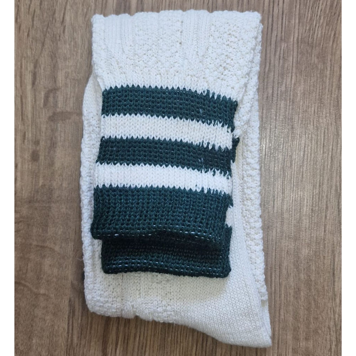 Bavarian Knee-High Cotton Trachten Socks – Oktoberfest Lederhosen Socks, Cable-Knit with Turnover Cuff (Cream w/ Green Stripes)