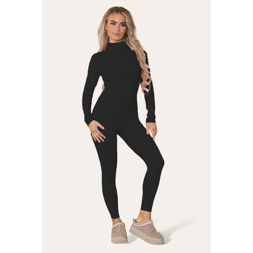 Ribbed High Neck Zipper Collar Jumpsuit Front Unitard Set