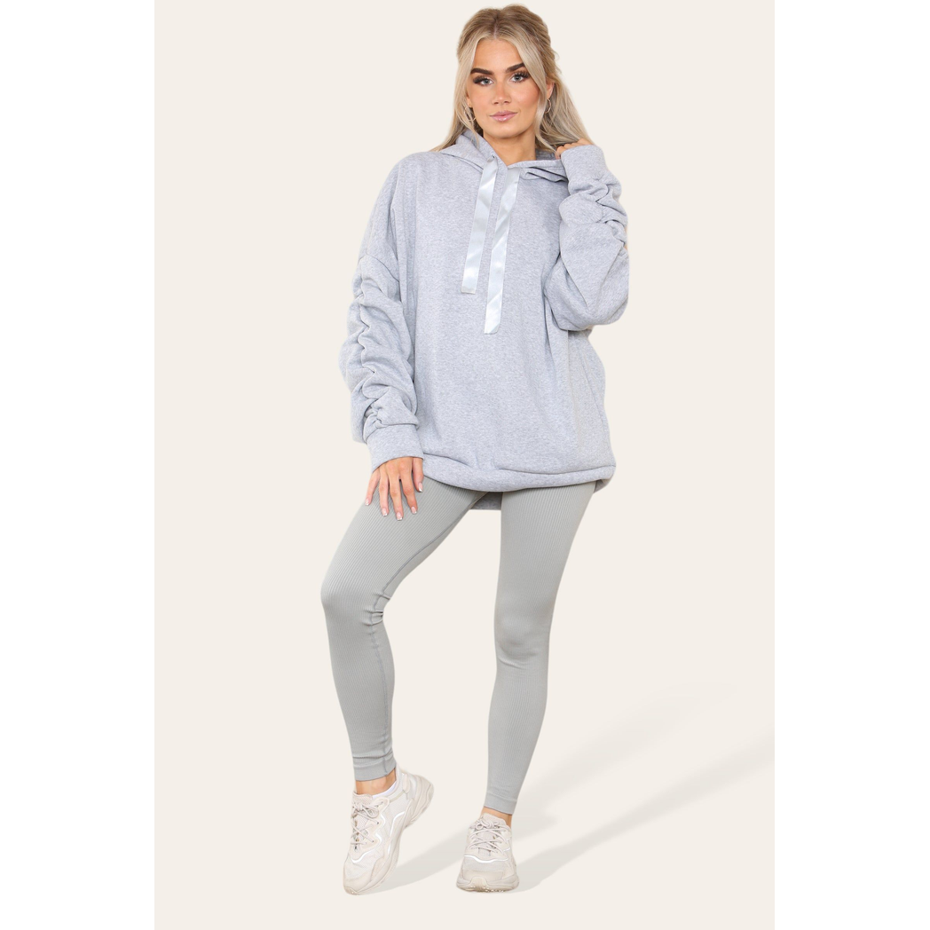 Oversized Ruched Sleeves Hoodie With Satin Ribbon