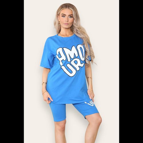 Cycling Short and T-Shirts Co-Ord Two Piece Side Slit Set with Front Printed Slogan