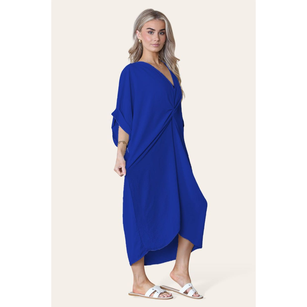 Womens V-Neck Tie Knotted Twisted Front Oversized Longline Midi Dress