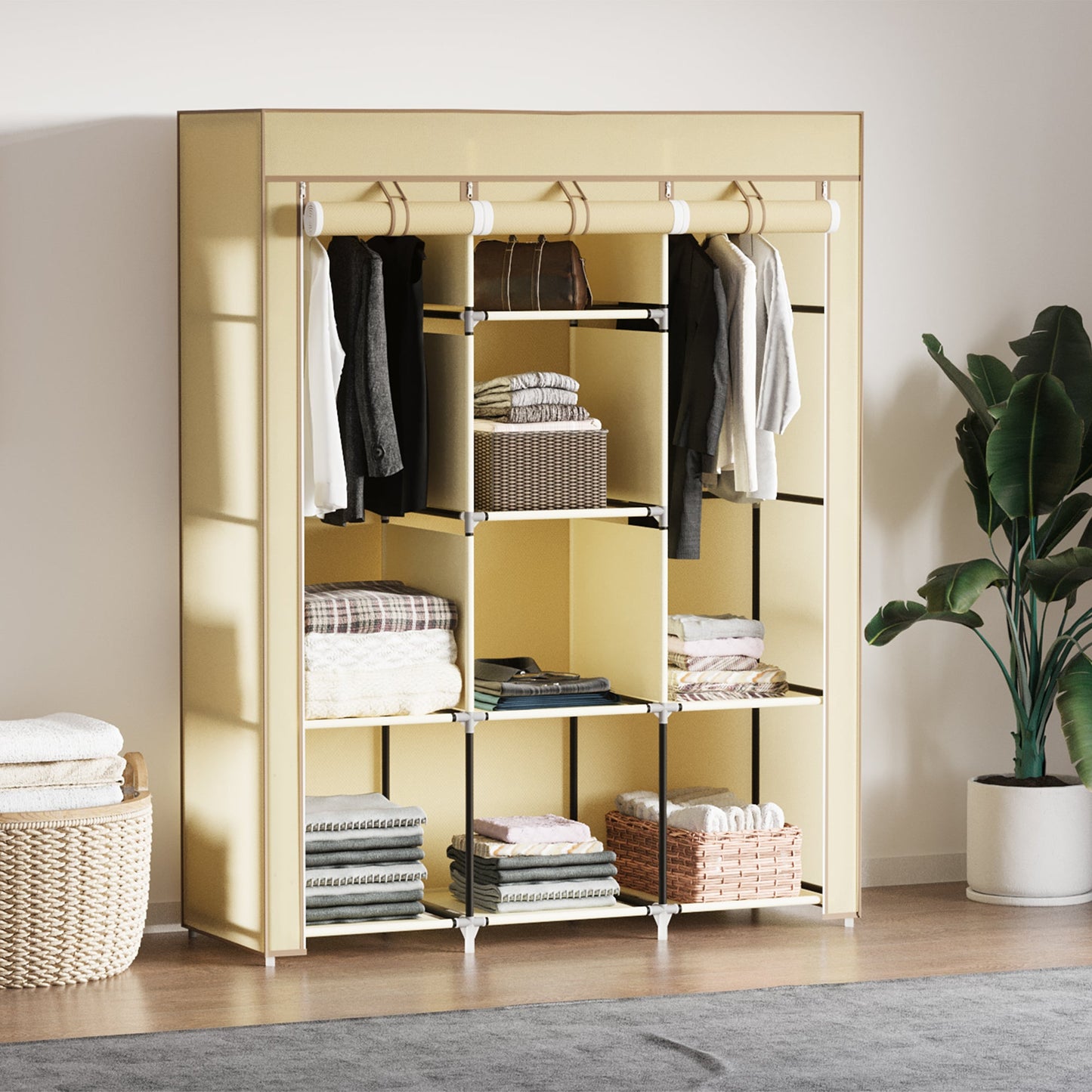 HOMCOM 8-Shelf Portable Fabric Wardrobe with 2 Hanging Rails | Beige, Grey & Black