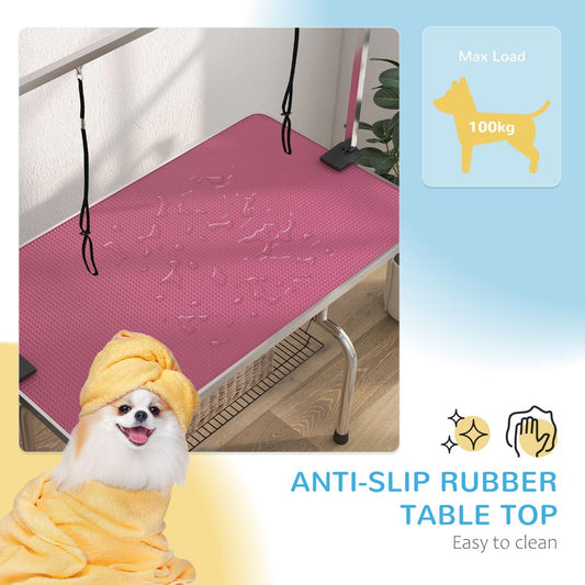 PawHut Adjustable Dog Grooming Table | Rubber Non-Slip Top, 2 Safety Slings, Mesh Basket – Pink