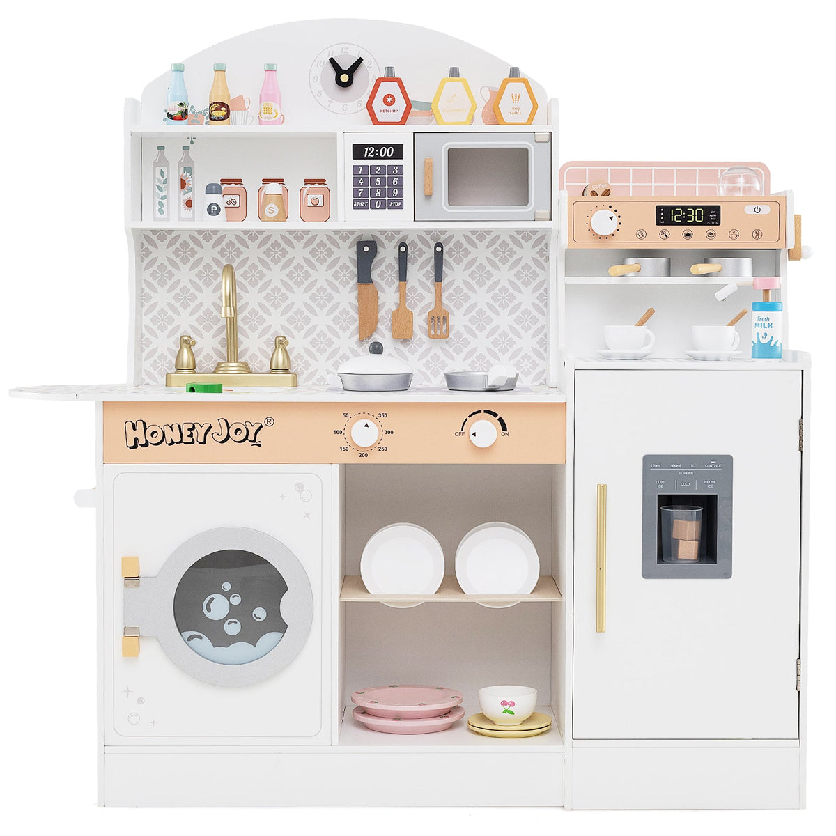Wooden Kitchen Playset with Clock and Microwave-Brown
