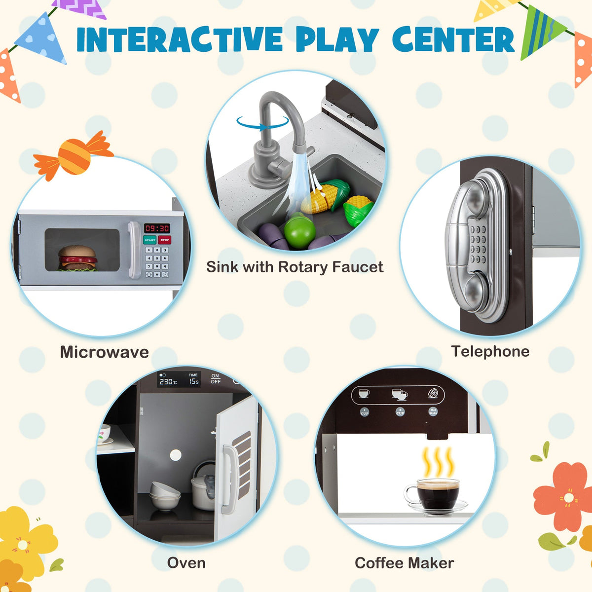 Wooden Pretend Play Kitchen with Real Sounds and Lights-White
