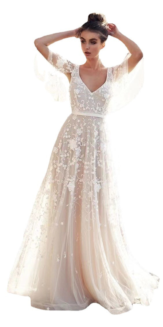 New White Lace V-Neck Backless Dress