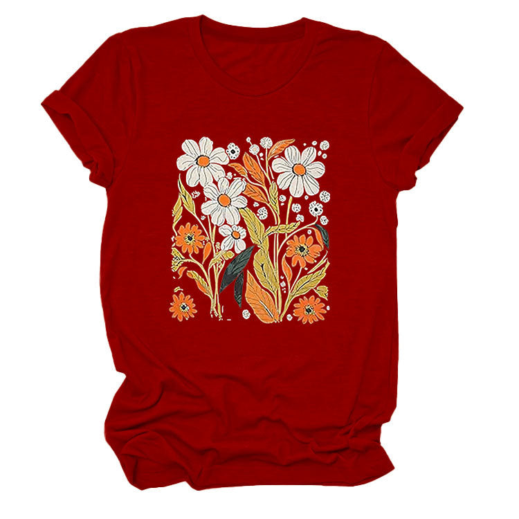 Fashionable Loose-fitting Casual Short-sleeve Top With Floral Print