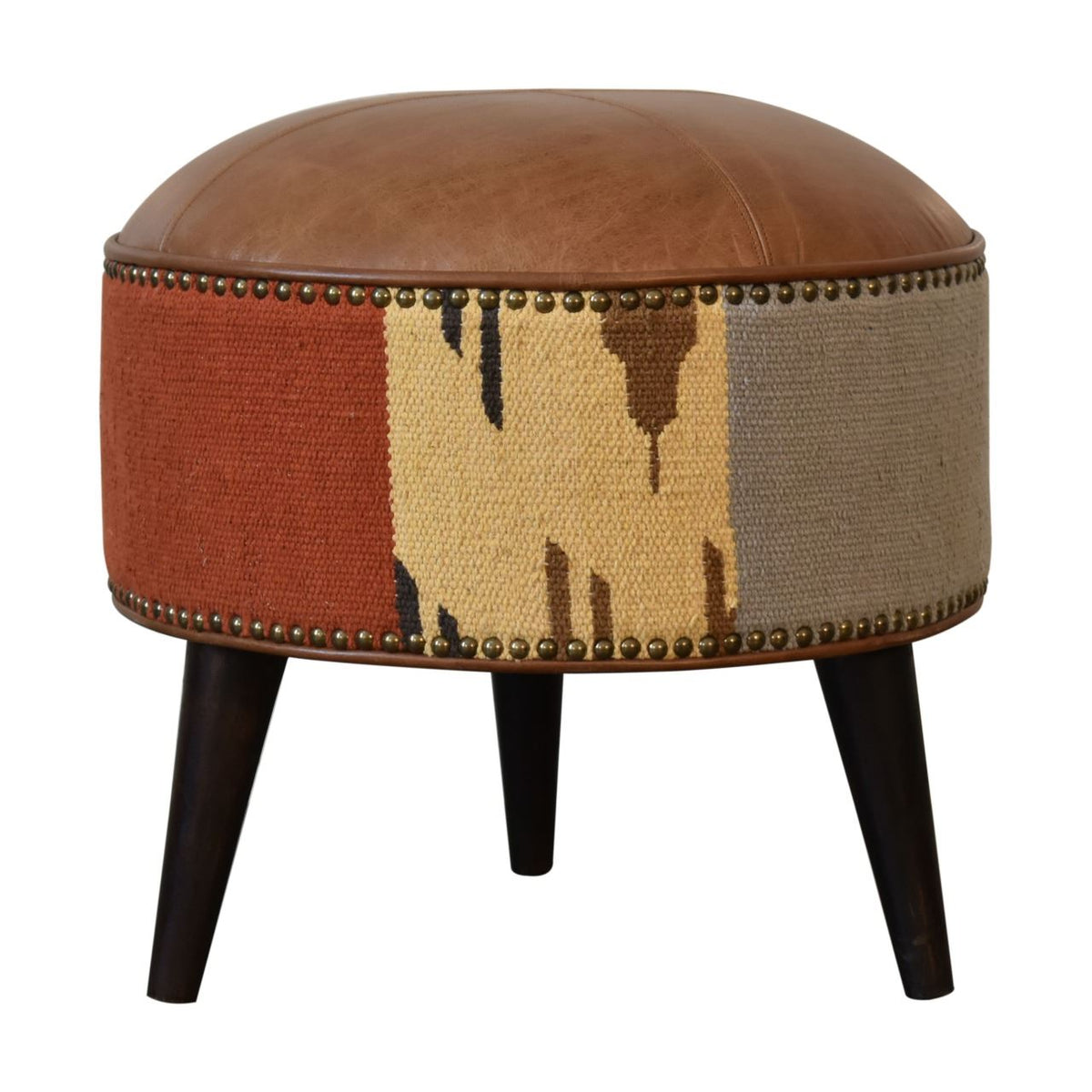 Artisan Durrie & Leather Mixed Footstool