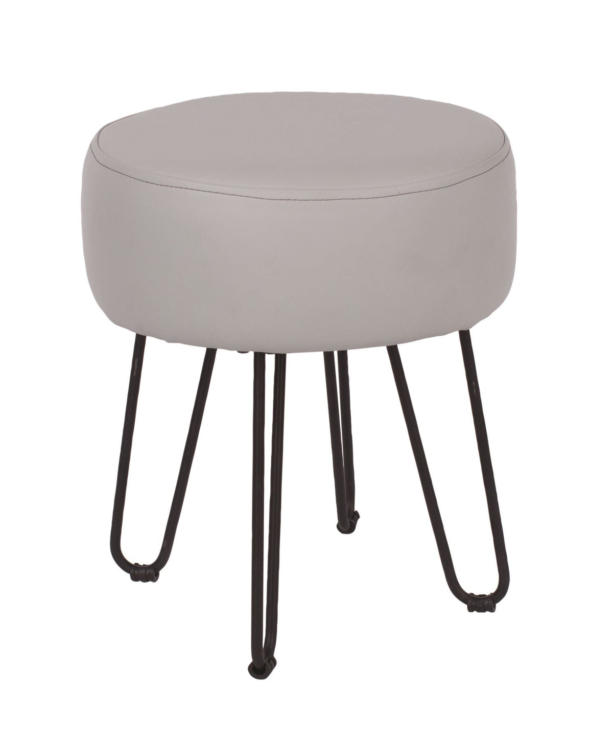 Grey Polyurethane Upholstered Round Stool With Black Metal Legs