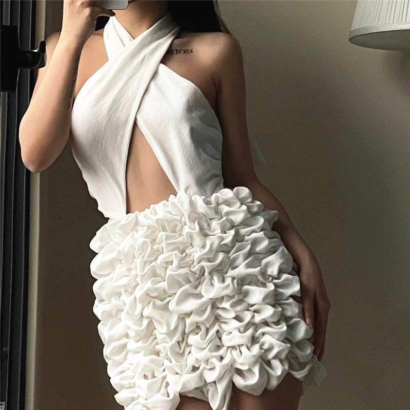 Fashion Cross Neck Backless Pleated Flower Dress
