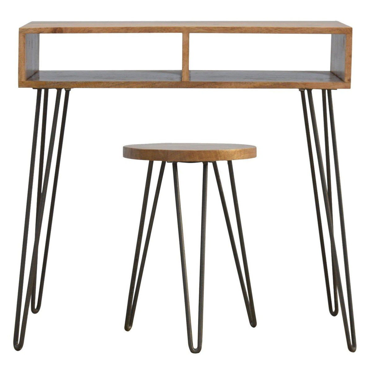Artisan Solid Wood & Iron Base Writing Desk with Stool