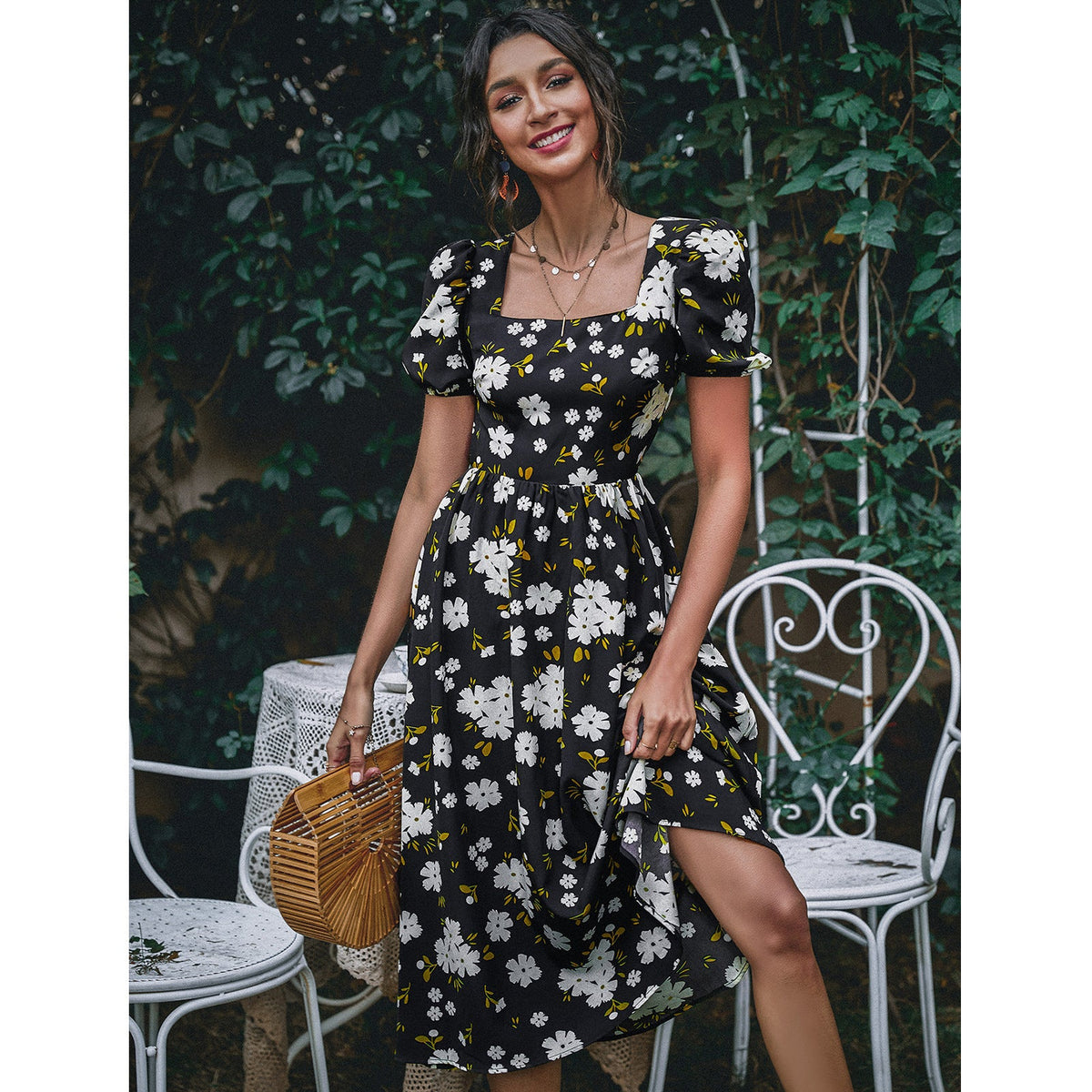 Square Neck Skirt Fashion Print Backless Dress