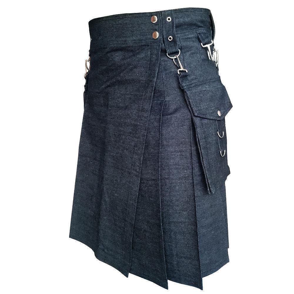 Black Detachable Pocket Denim Utility Kilt