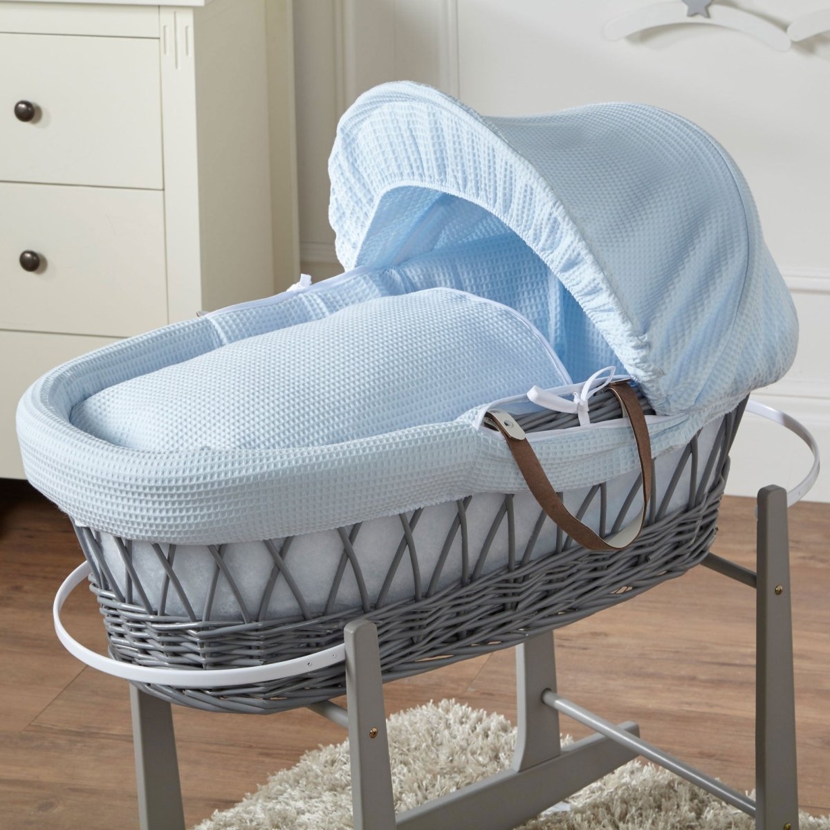 Cesto Moisés de mimbre gris "Blue Waffle" con soporte - Set completo para dormir de recién nacido