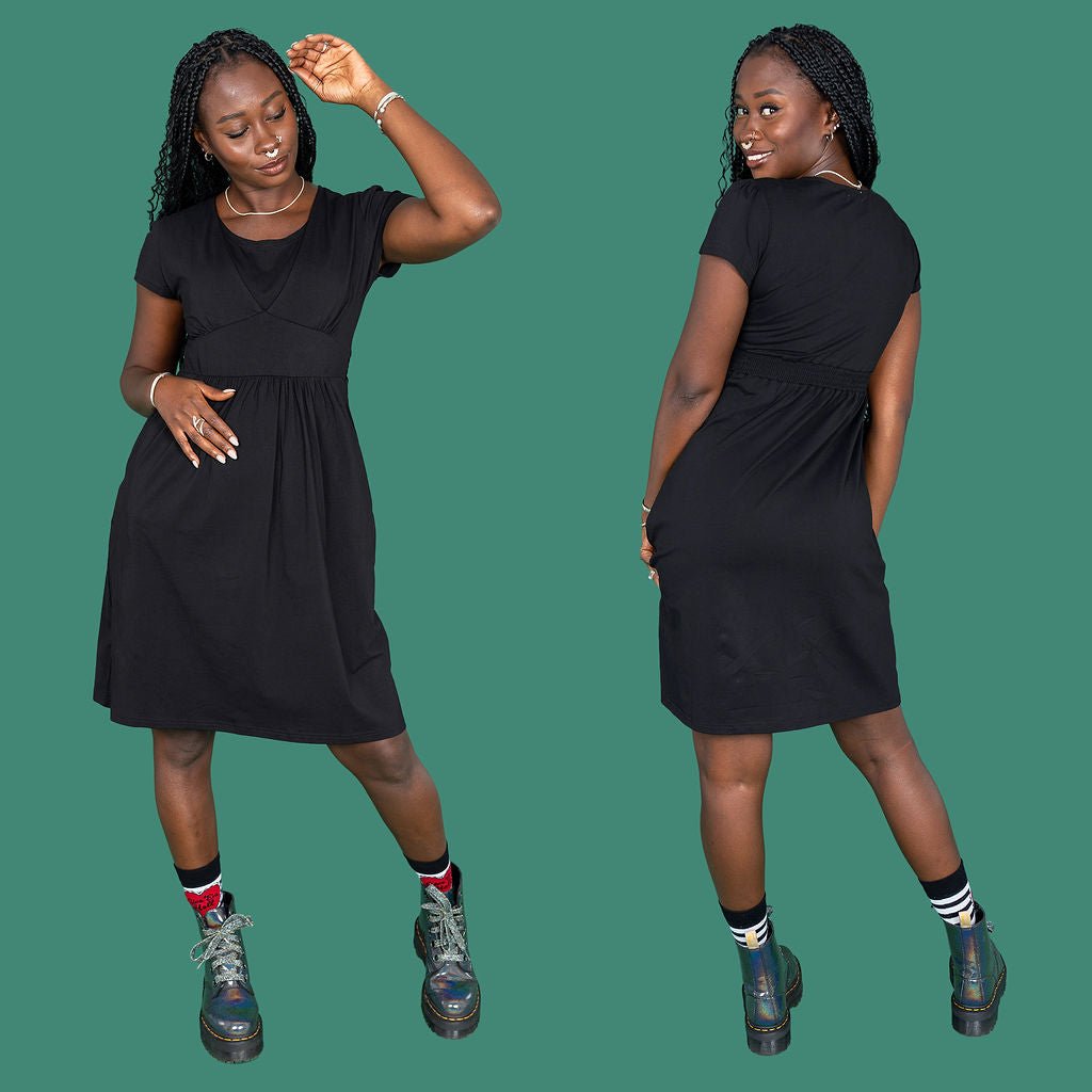 Black Cotton Breastfeeding Dress | Discreet Nursing Access | Sizes 6-24