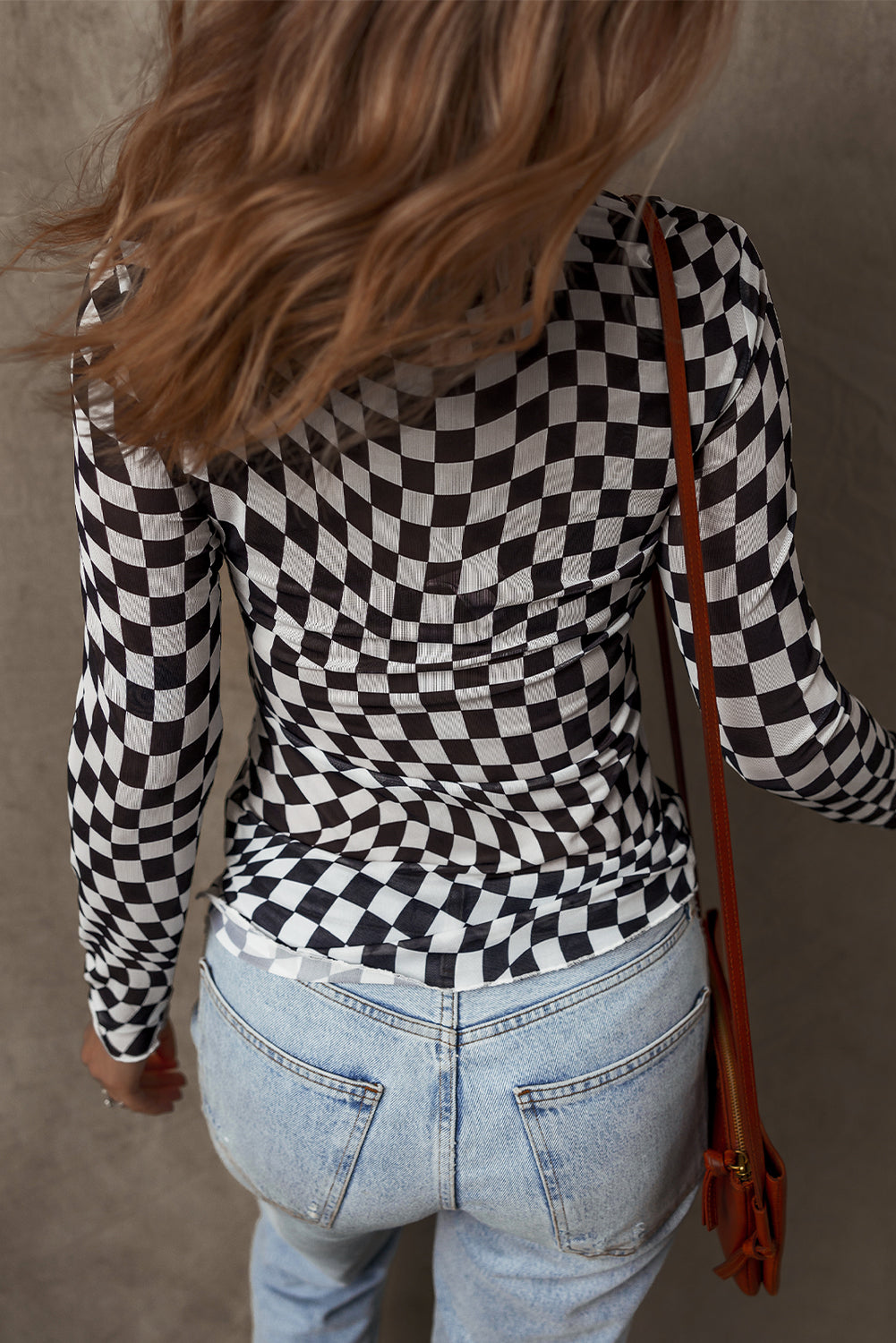 Rose Checkered Pattern Mesh Mock Neck Long Sleeve Top