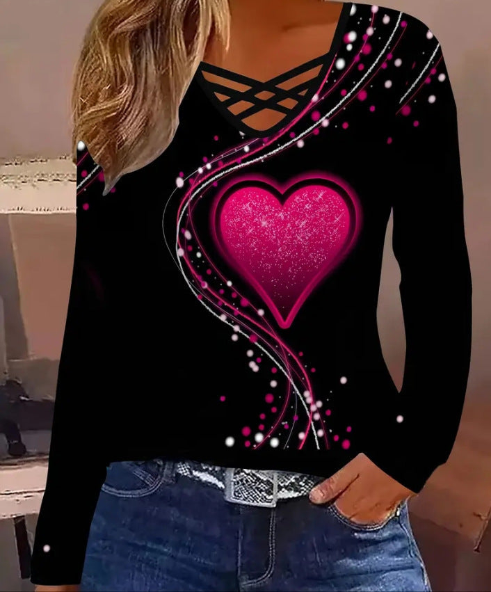 Women's Casual Long Sleeve Top With A Heart Patterned V Neck