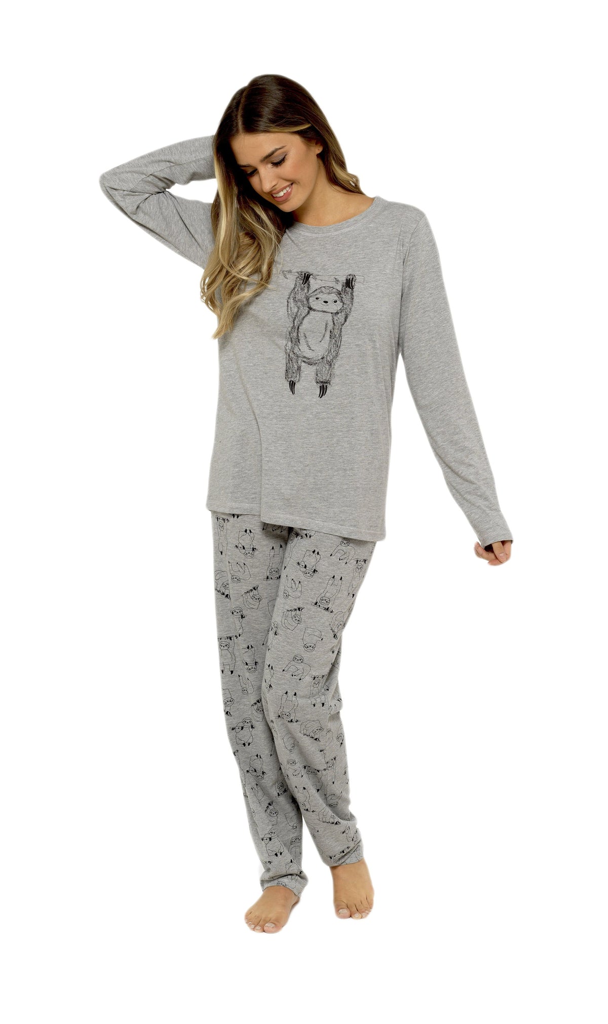 Women's Grey Sloth Cotton Pyjama Set – Long Sleeve