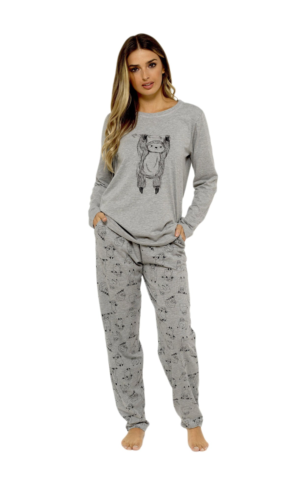 Women's Grey Sloth Cotton Pyjama Set – Long Sleeve