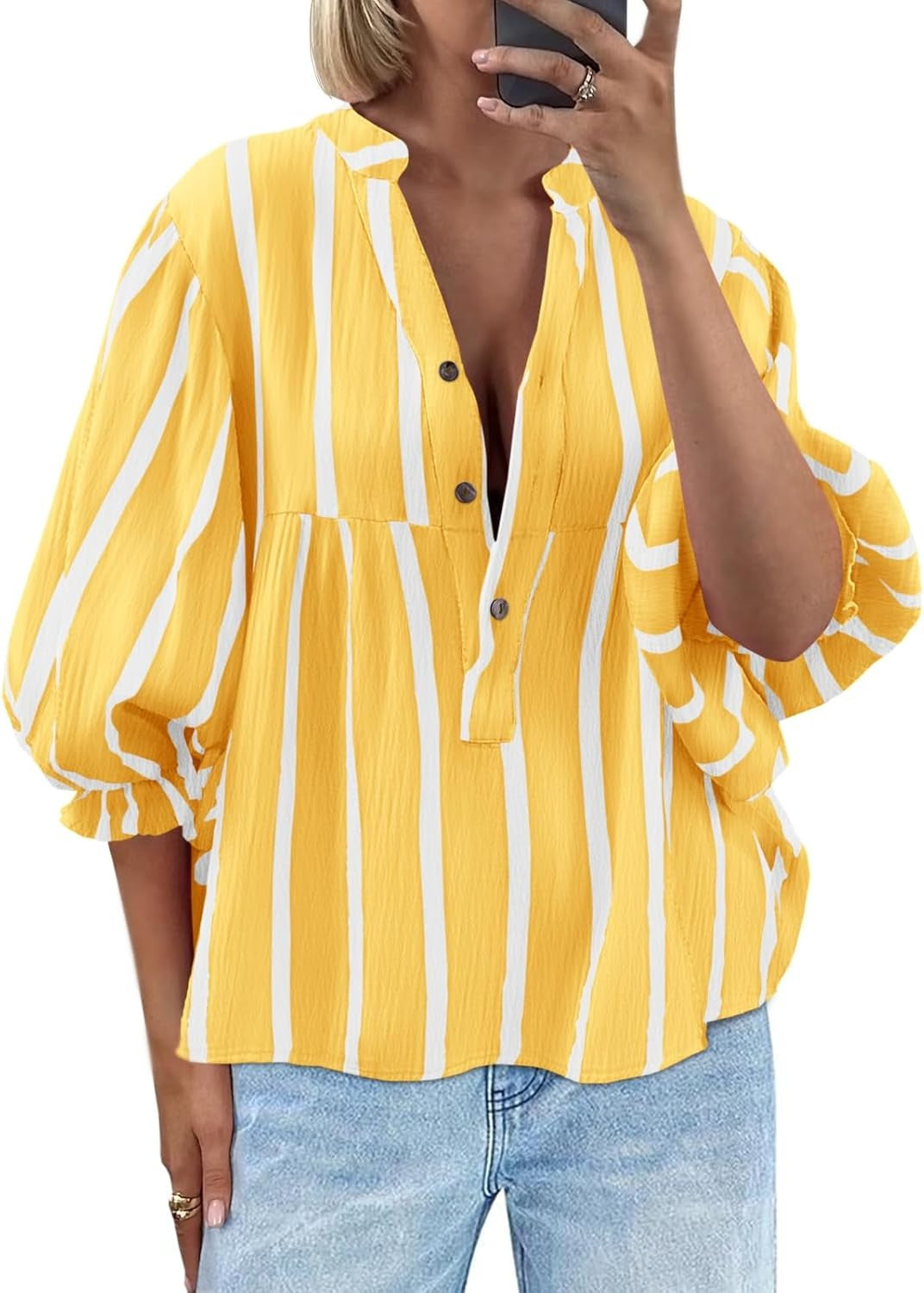 Women's Striped Puff Sleeve Top | Loose Fit Long Sleeve Pullover