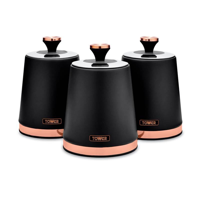 Tower Cavaletto Set of 3 Canisters Black & Rose Gold