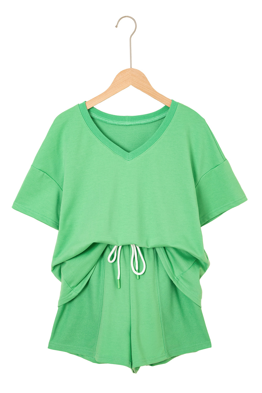Mint Green V Neck Drop Shoulder Tee and Patchwork Drawstring Shorts Set