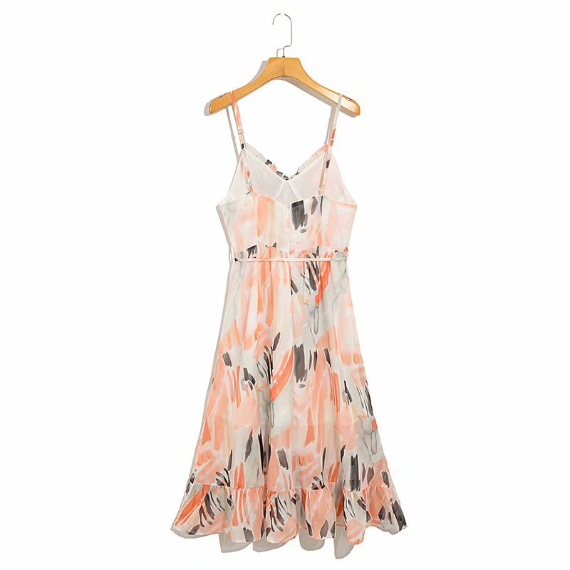 Summer New Fashion V-Neck Suspender Dress Sexy Backless Printing Long Skirt