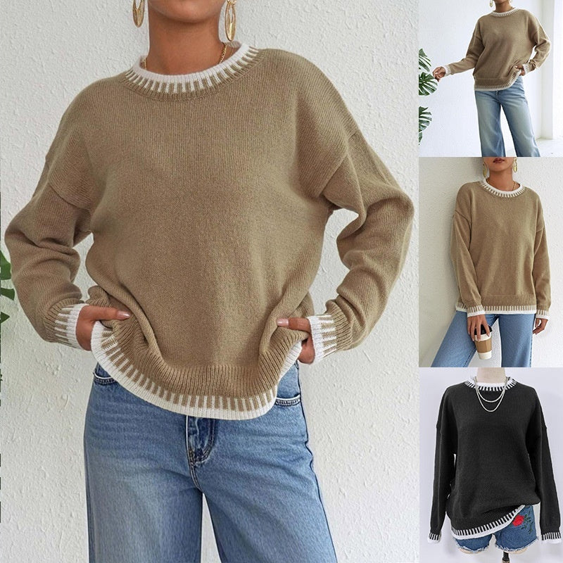 Women's Round Neck Contrast Color Stitching Leisure Pullover Loose Sweater