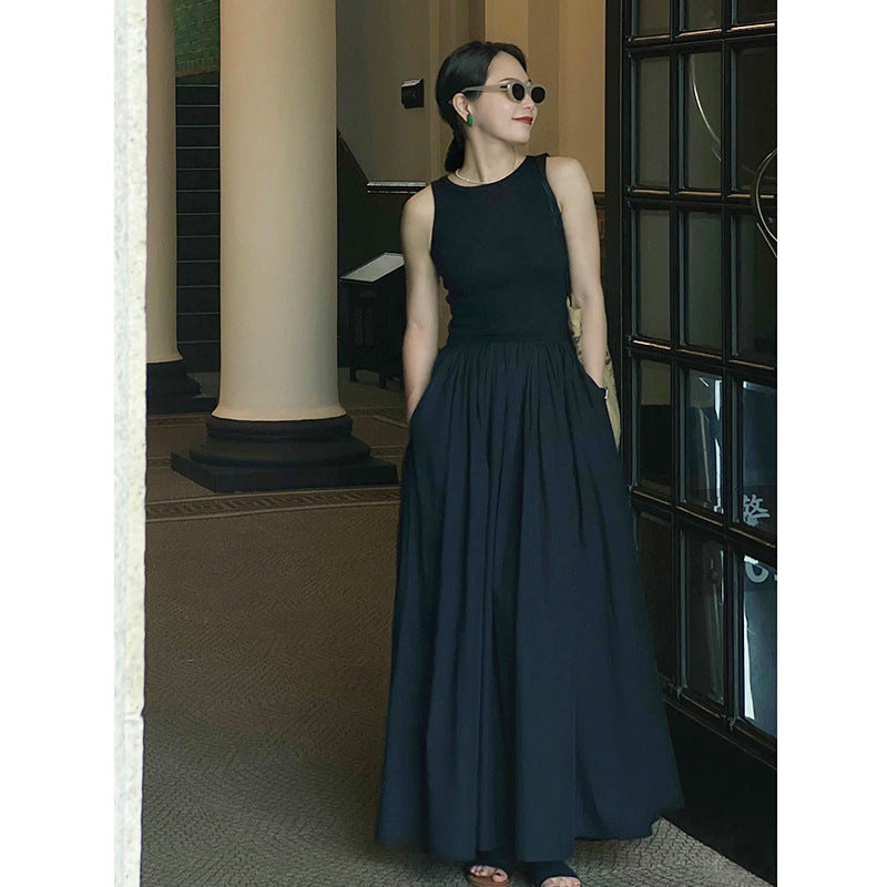 Black And White Two-color Casual Round Neck Stitch Stitching Vest Dress