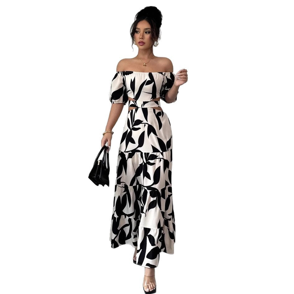 Off-shoulder Sexy Hollow-out Dress Printed Bodycon Dress That Flatters Your Figure And Shows Off Your Waist