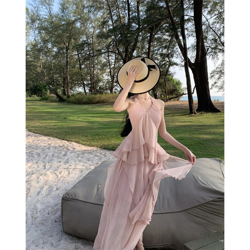 Summer Seaside Vacation Irregular Halter Spaghetti Straps Backless Dress Women