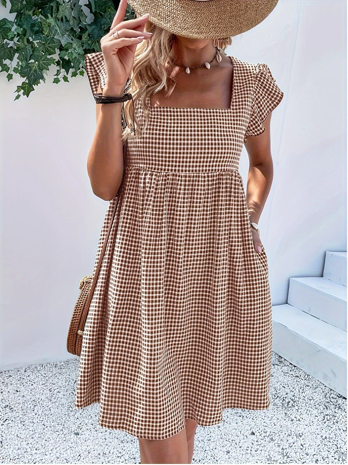 Square-neck Yarn-dyed Plaid Long-sleeve Loose-fitting Dress With Zippered Pockets