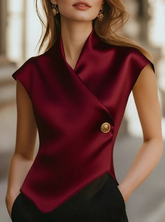 Women's Satin Wrap Blouse – Cap Sleeve Sculpted Silhouette Top