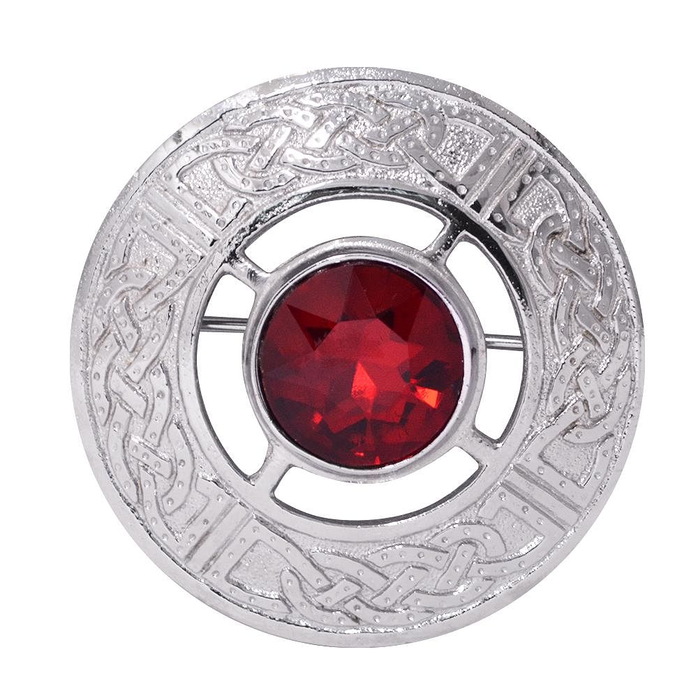 Fly Plaid Brooch Celtic Knot Work RED Stone Chrome Finish