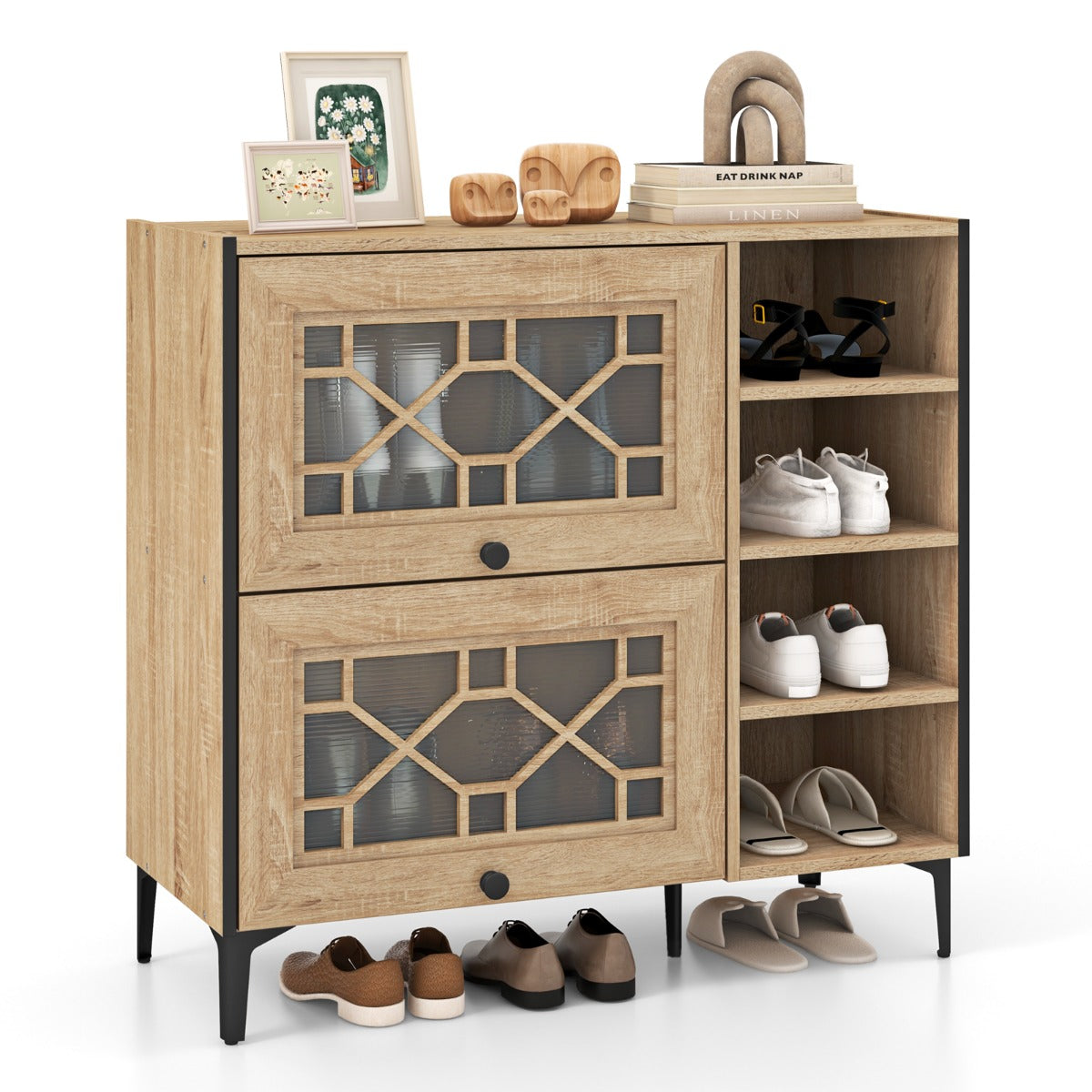 Freestanding Shoe Organizer with Flip Doors Adjustable Shelves-Oak