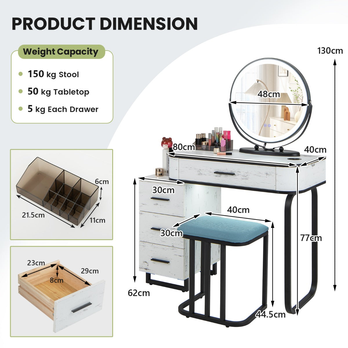 Vanity Table and Stool Set with 3-Color Touch Screen Lighted Swivel Mirror-Brown