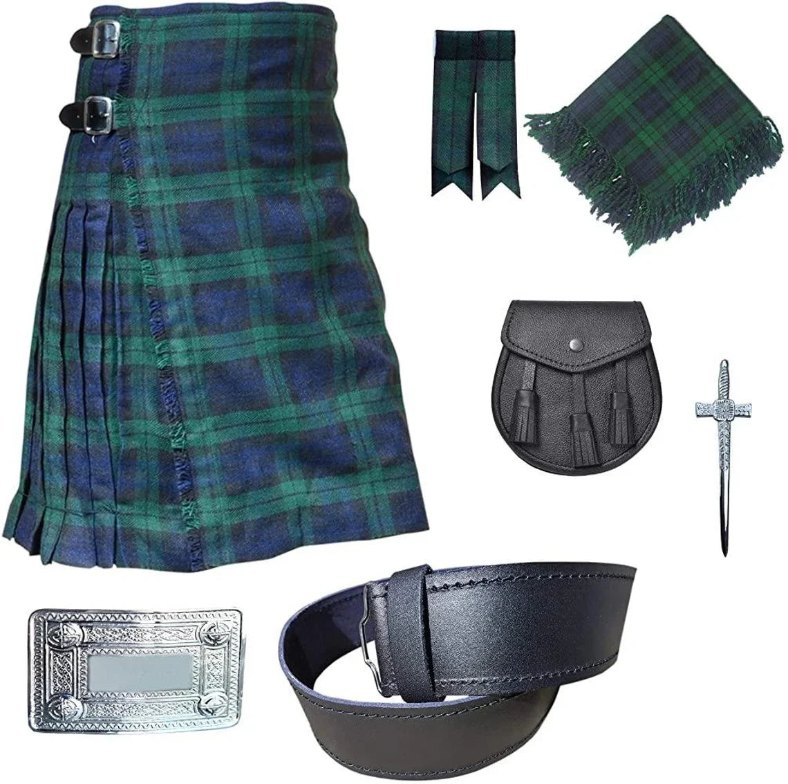 8 yard Great Scottish Highland 7 Pieces kilt outfit Kilt, Leather Sporran , Kilt Pin , Tartan Flashes , Fly plaid , Belt Buckle