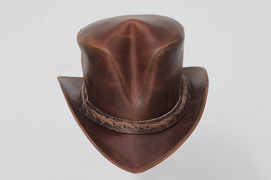 Distressed Brown Leather Top Hat | Handmade Steampunk Hat with V-Shaped Braided Band