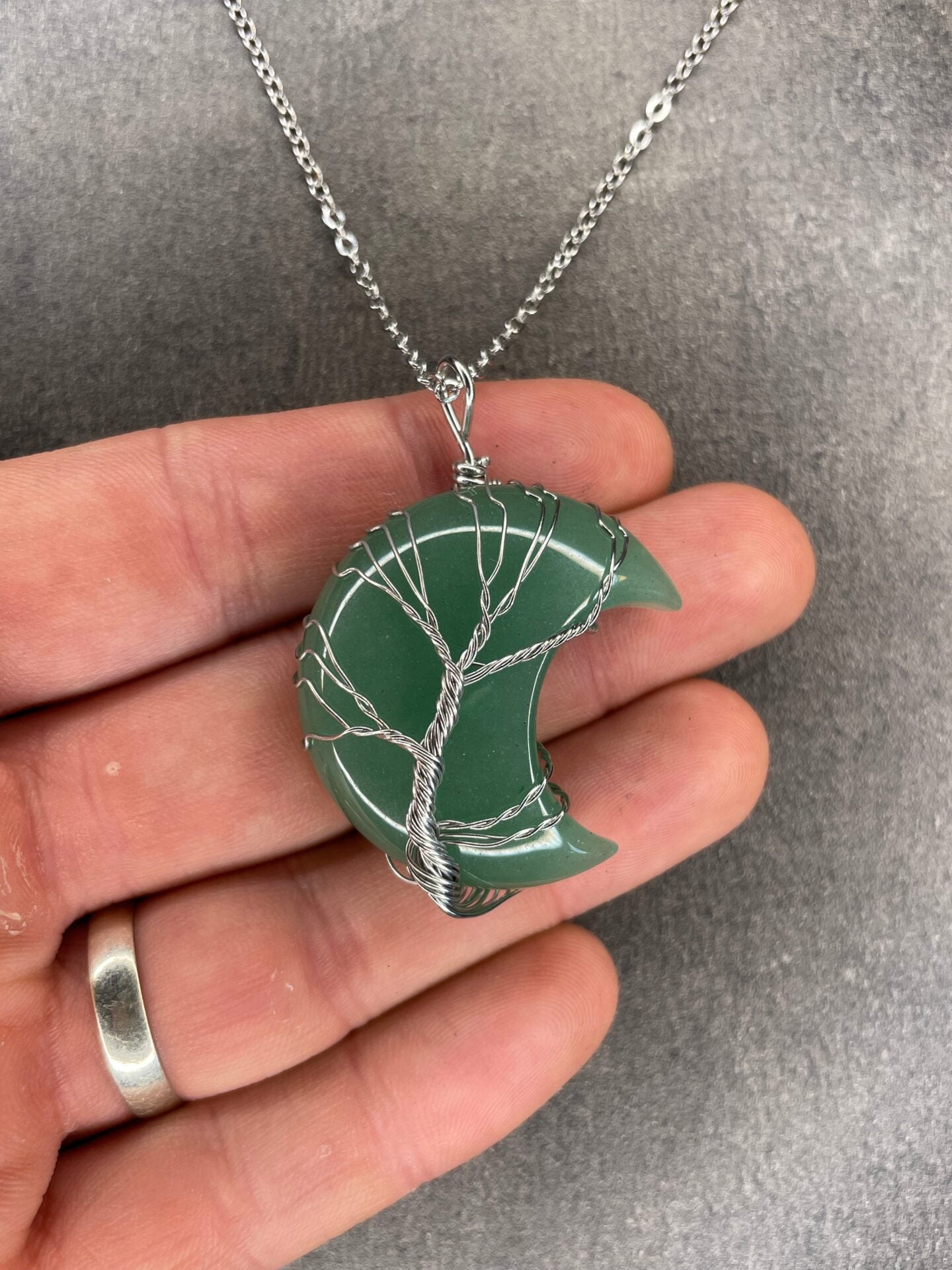 Green Aventurine Moon Pendant Necklace – Silver Tree of Life Wire Wrap Crystal Jewellery