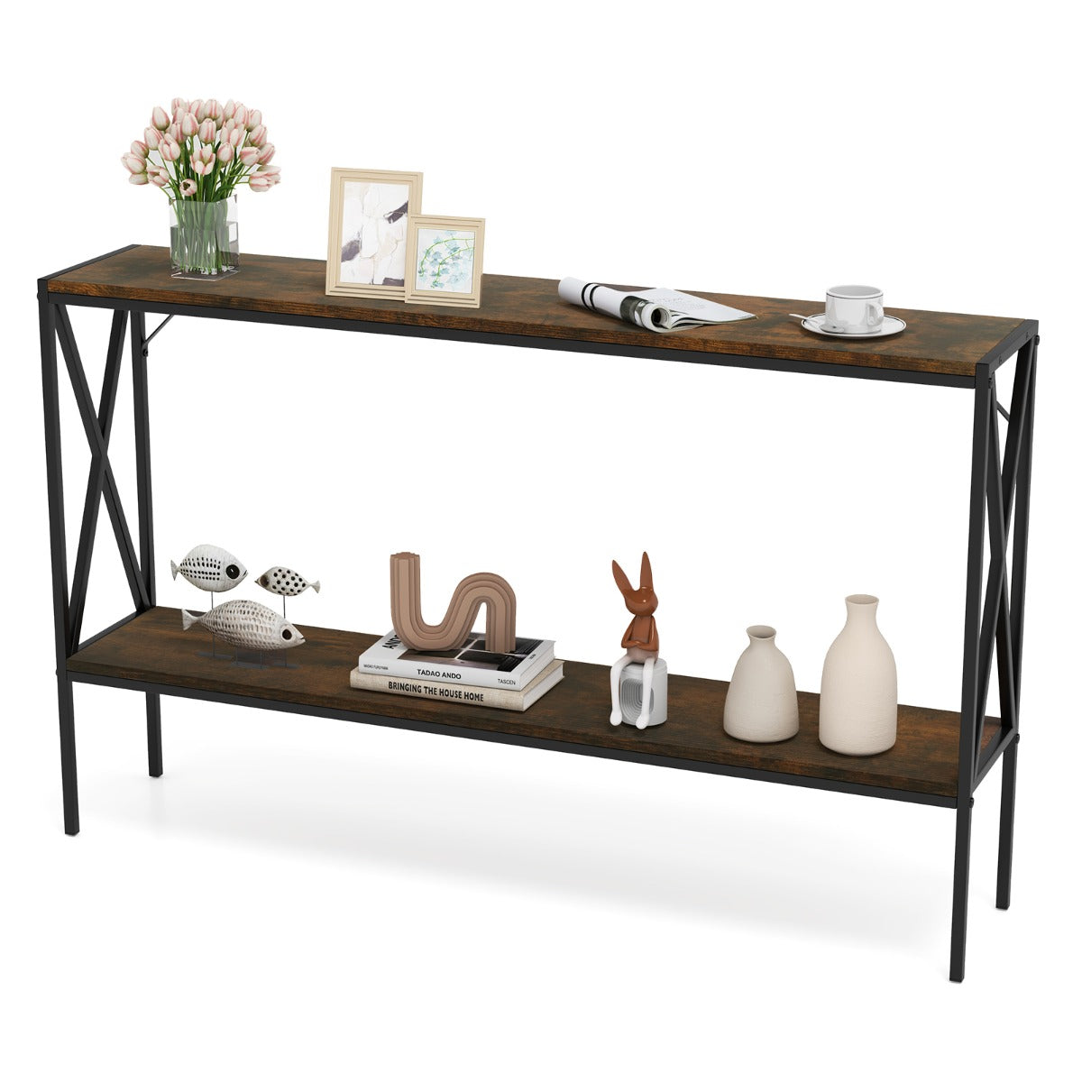 Industrial Console Table 2-Tier Narrow Sofa Table Behind Couch-Rustic Brown
