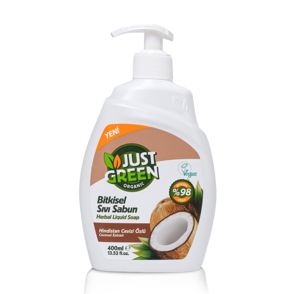 Just Green Organic Coconut Extract Herbal Liquid Hand Soap (Bitkisel Sıvı Sabun), 400ml Pump Bottle