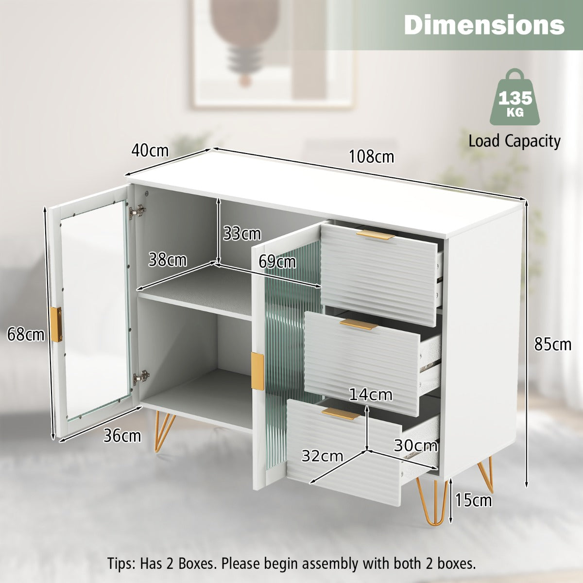 Modern Sideboard Storage Cabinet with 2 Glass Doors and 3 Drawers-White