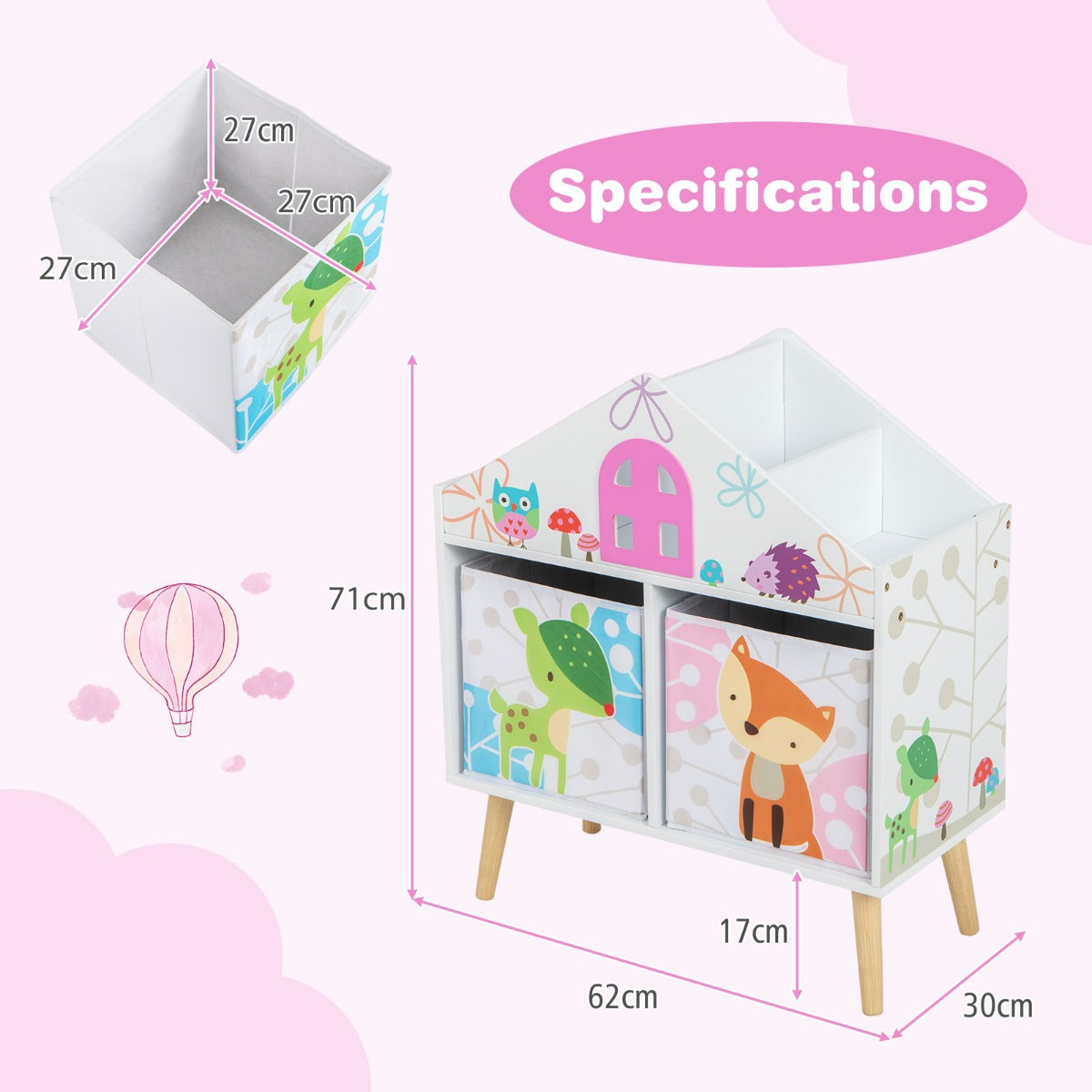 Kids House-shaped Bookshelf with 2 Storage Bins and Elevated Solid Wood Legs-White