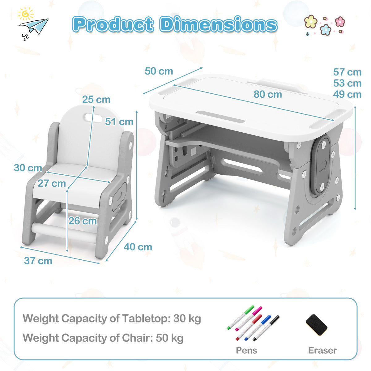 Kids Table and Chair Set with Tiltable Whiteboard and Book Stand-Blue