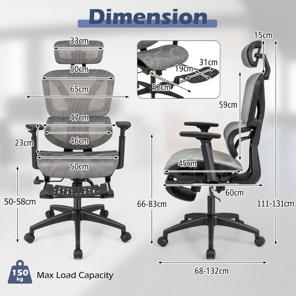 Mesh Office Chair with Retractable Footrest and Waterfall Seat-Grey