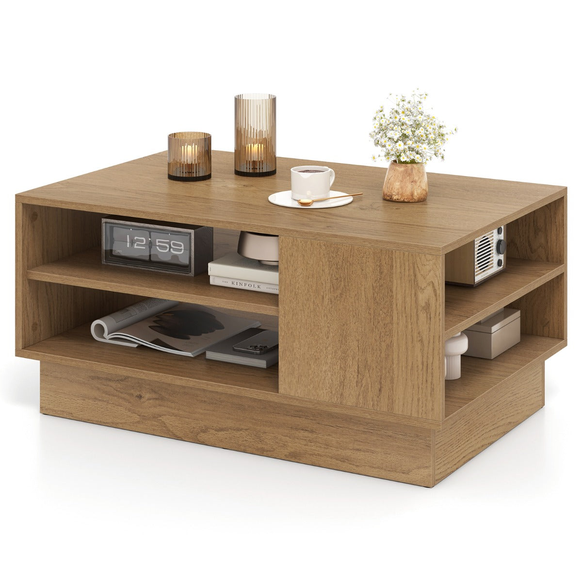 Modern Rectangle Coffee Table with 2-Tier Open Storage Shelves-White