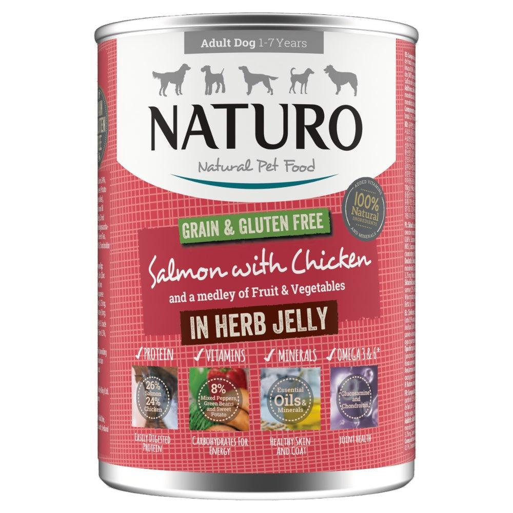 Naturo Adult Grain and Gluten Free Salmon with Chicken in Herb Jelly Tins 390g - Case of 12